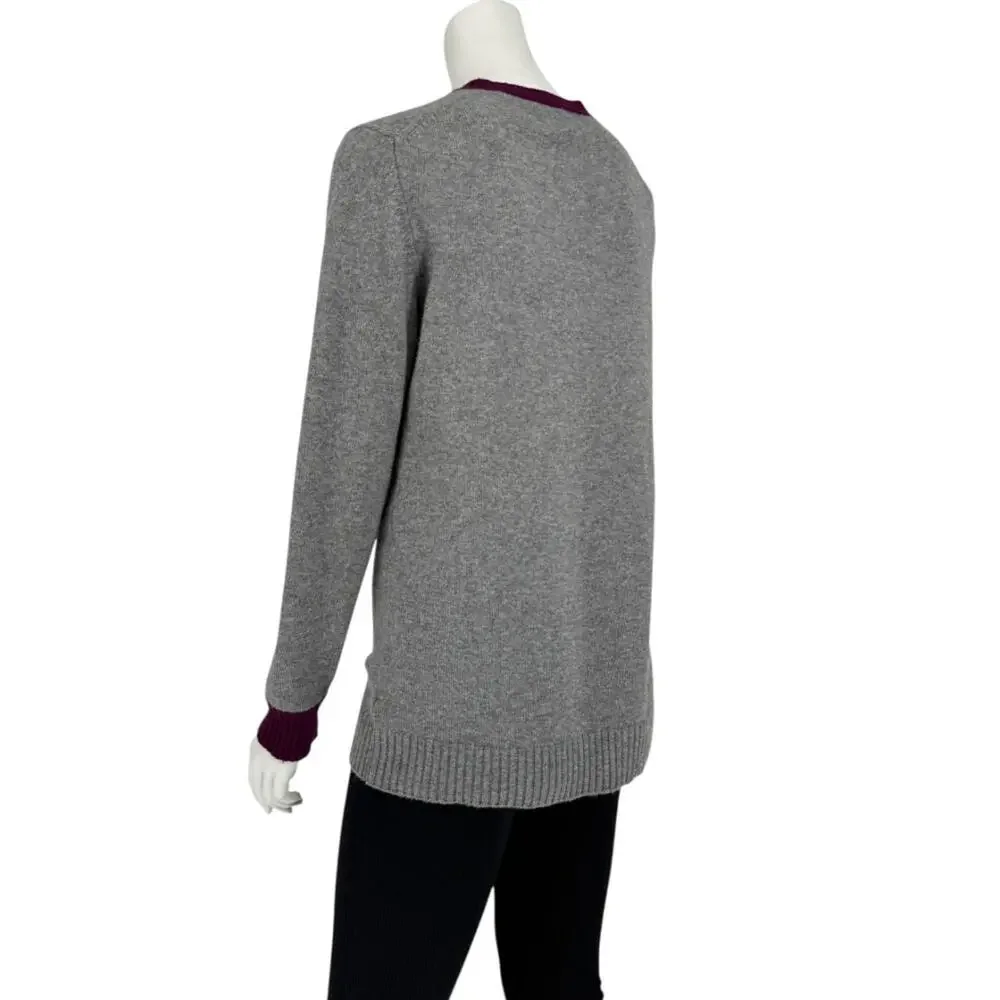 Chanel 2007A Grey and Purple Cashmere Beaded Crest Detail V Neck Sweater